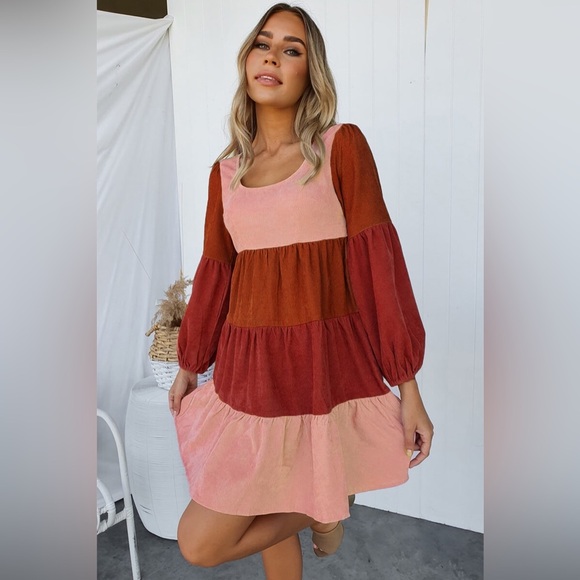 Color Block Square Neck Tiered Dress Pink/Tangerine - Picture 2 of 12